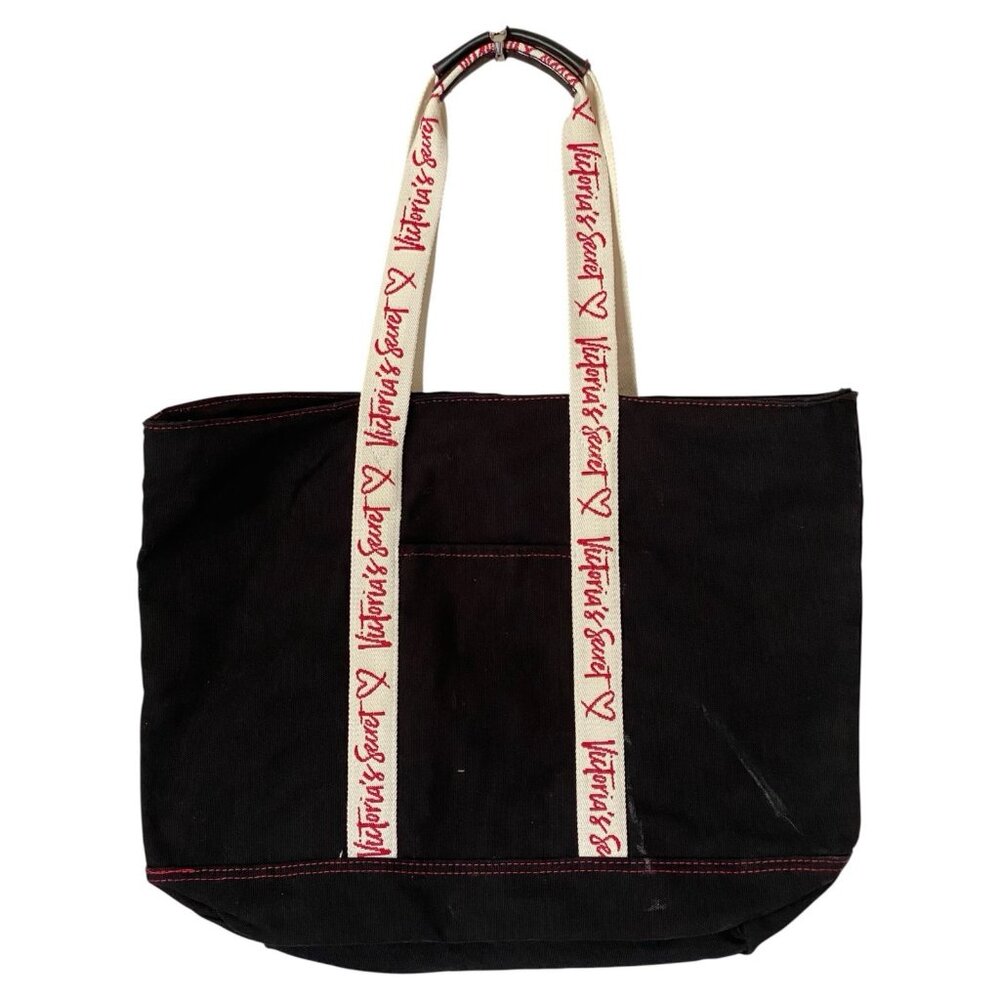 Victoria's Secret Black Canvas Tote Bag 17x16x6 Zip Closure w/ Handles - Picture 2 of 8